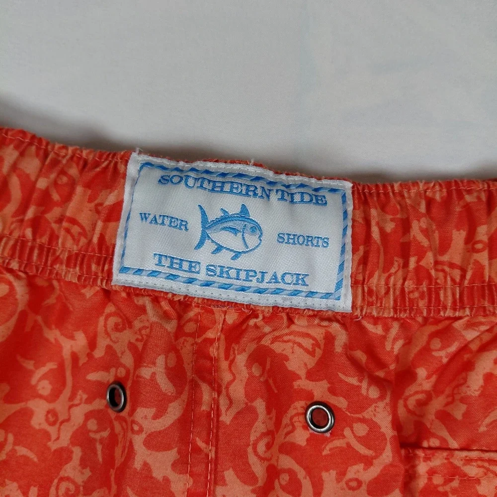 Southern Tide Skipjack Water Shorts Mens Medium Orange Fish Print Swim Trunks